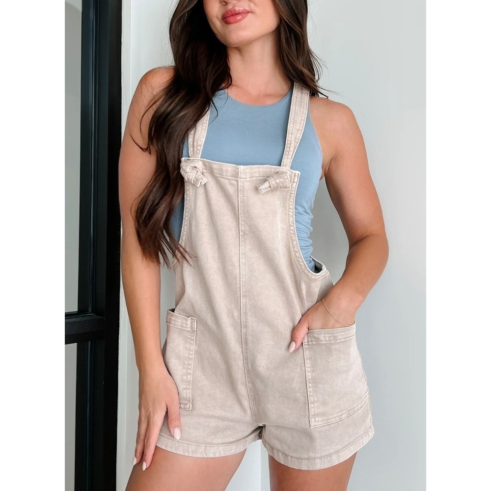 Zenana Washed Knot-Strap Denim Romper Shortalls